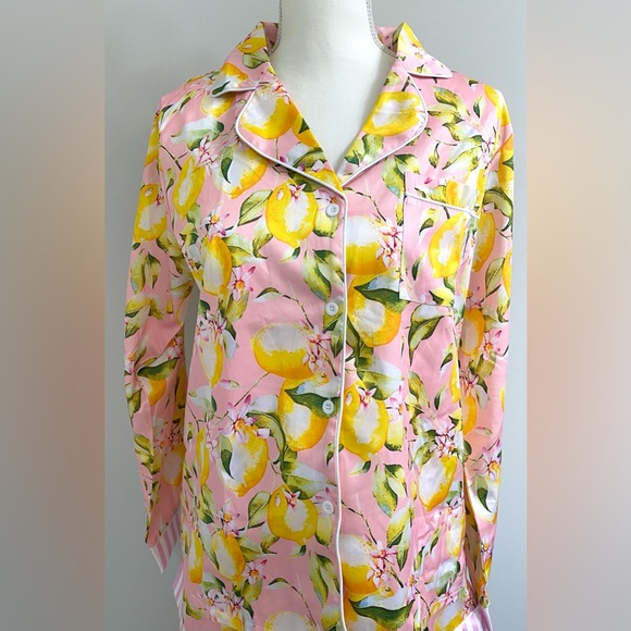 Womens L Pink w/ Yellow Lemon Print Long Sleeve Pajama Shorts Set Preppy Classic - Picture 3 of 16